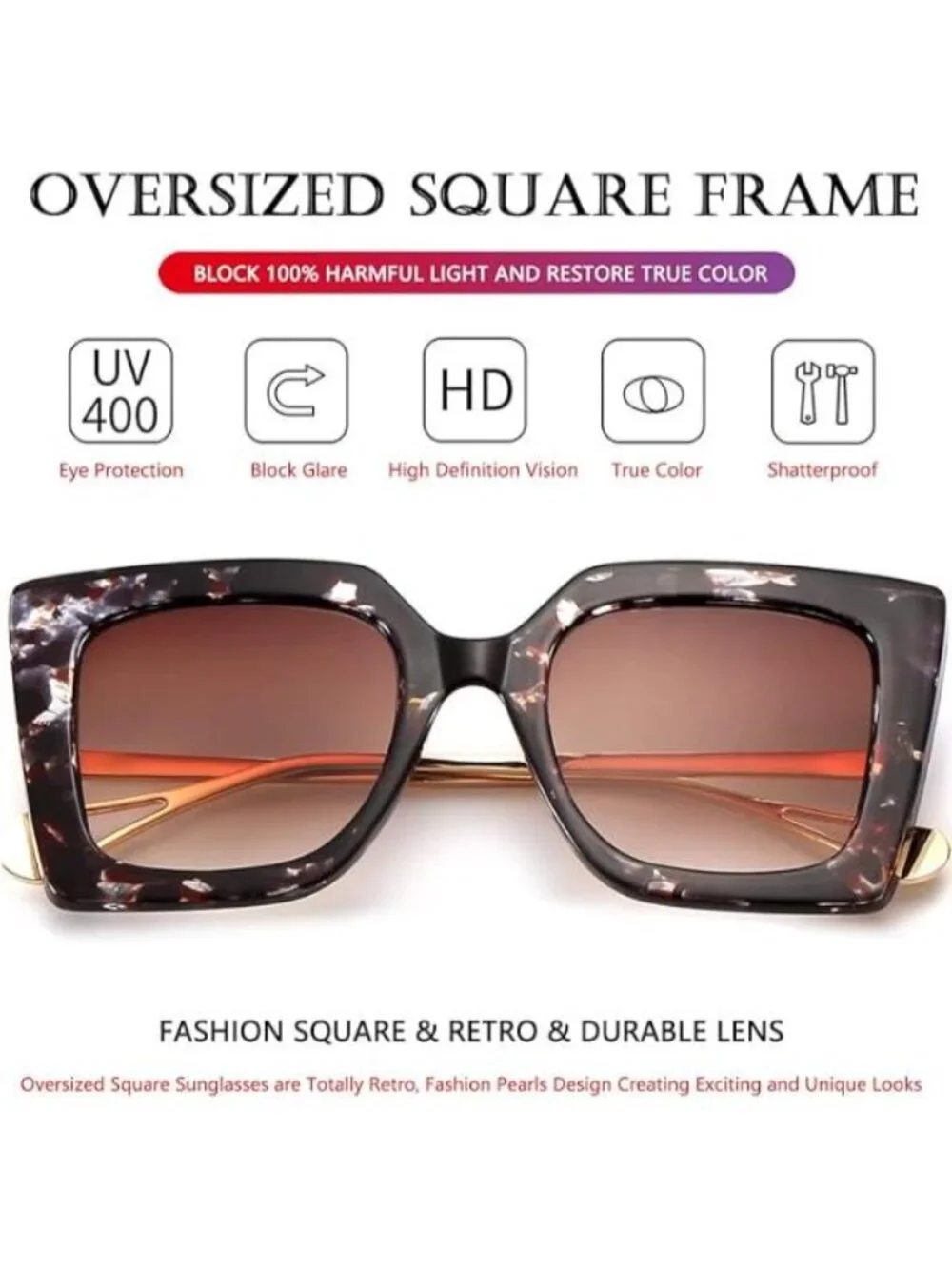 Women's Oversized Sunglasses Retro Square Frame Sun Glasses Shades Brown Floral